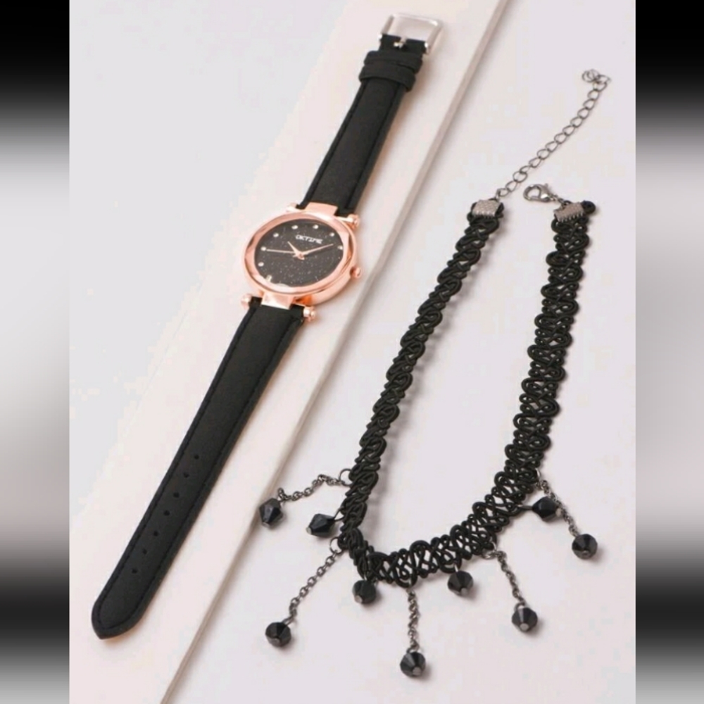 New Starry Sky Dial Round Pointer Quartz Watch and Necklace Set - Picture 3 of 7